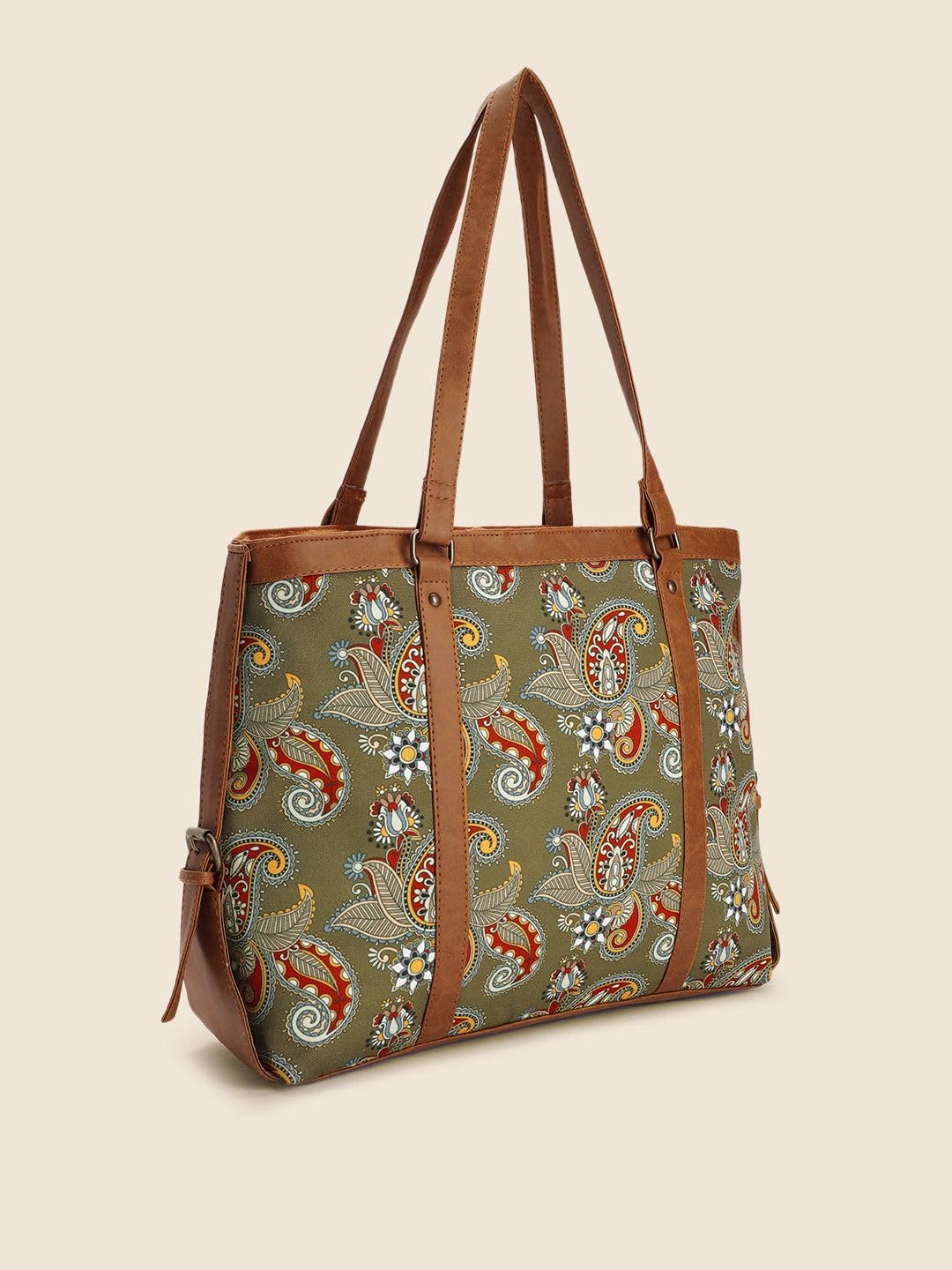 PRIMROSE Stylish Handbag with Ethnic Paisley Print 31 cm x 36 cm Green and Brown