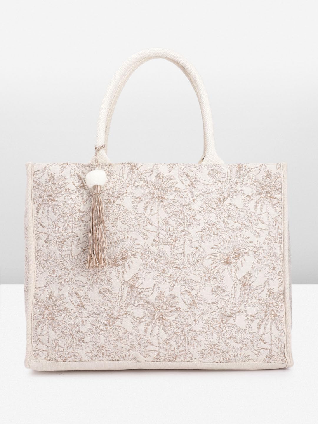 PRIMROSE Women's Beige Floral Embroidered Tote Bag with Tassel