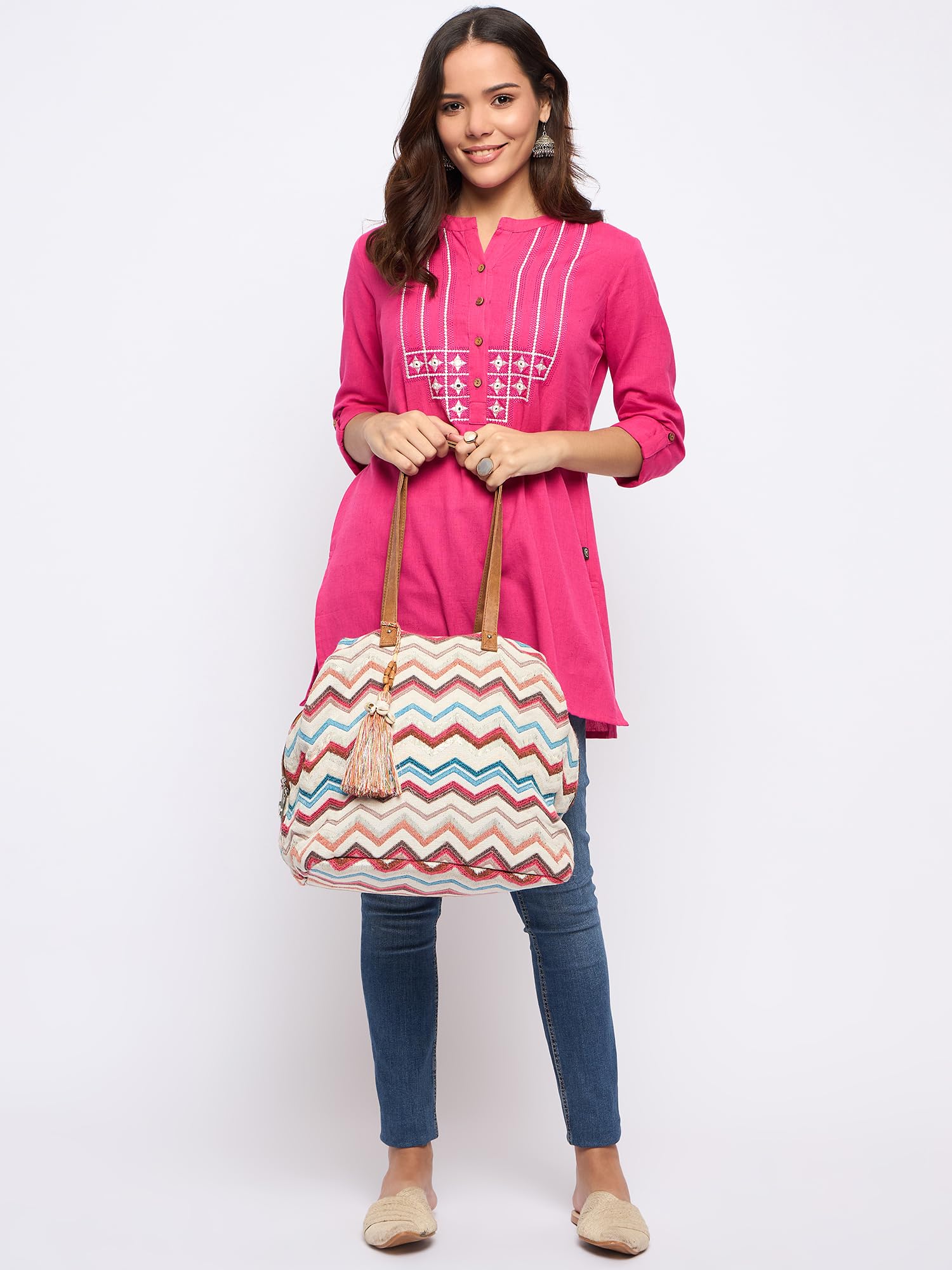 PRIMROSE Chevron Pattern Tote Bag with Tassel, Multicolour