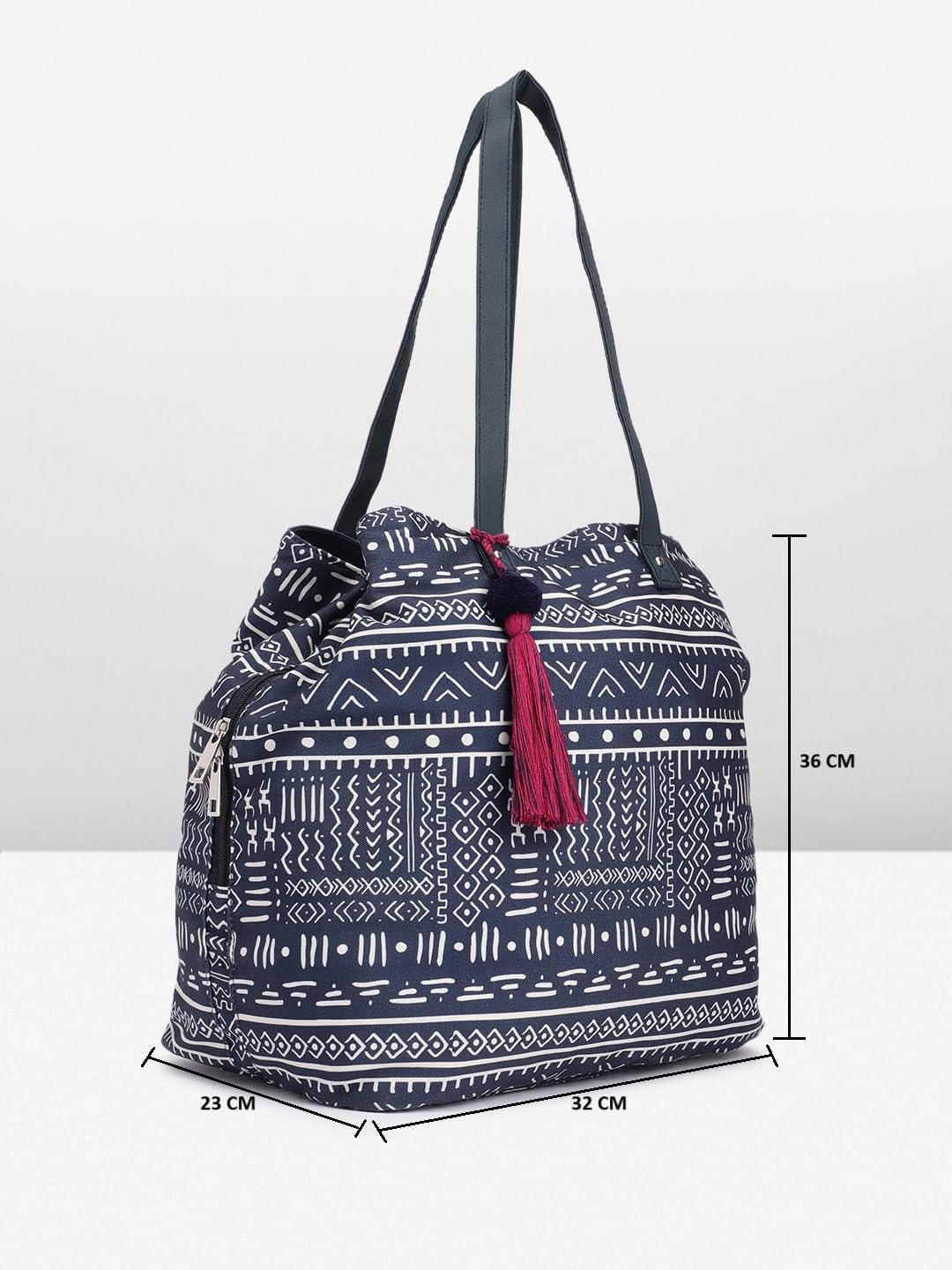 PRIMROSE Printed Tote Bag with Tassel Accent Navy Blue and White Tribal Pattern