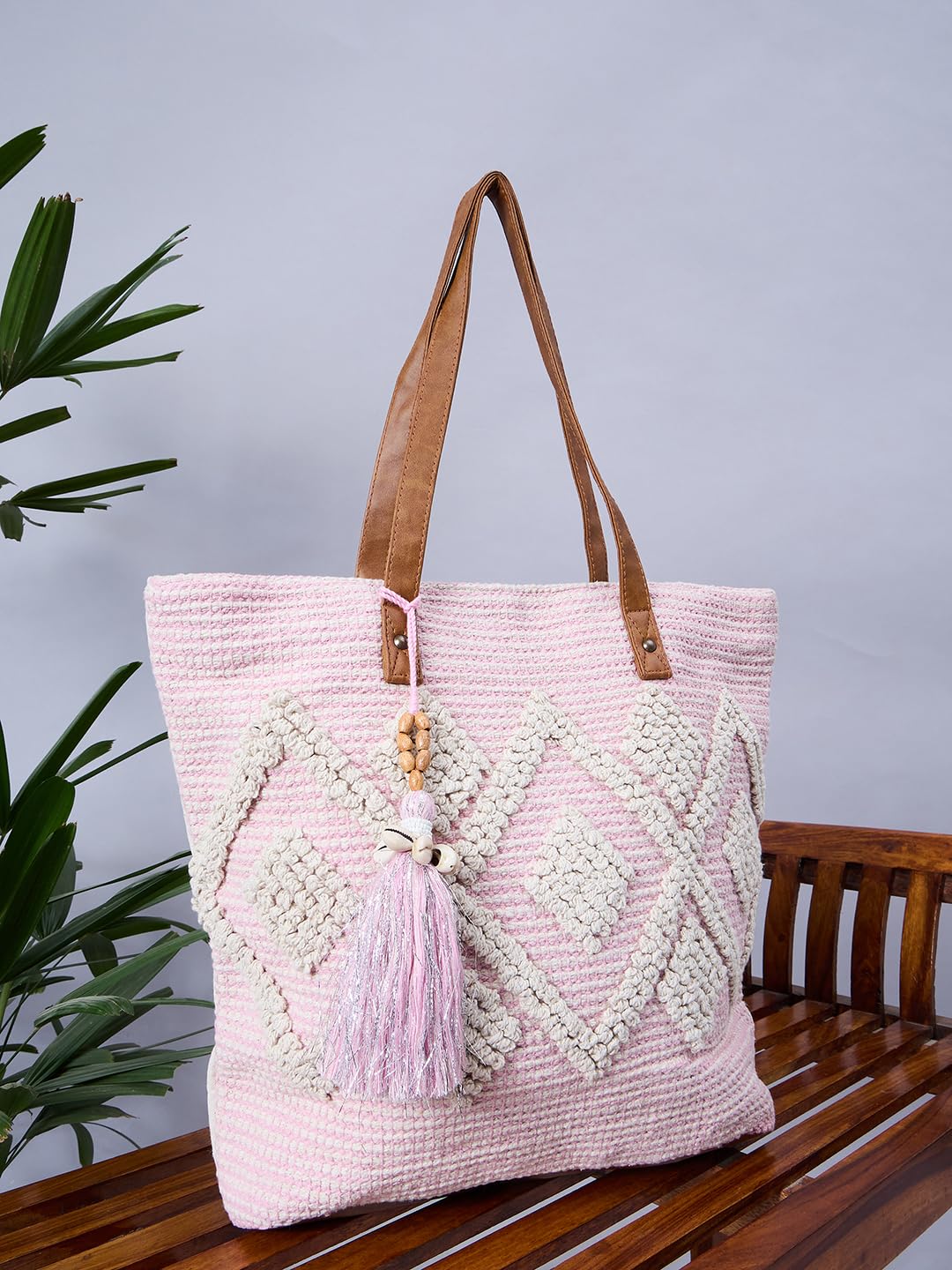 PRIMROSE Crochet Tote Bag with Tassel, Pink and Beige, PU Handles