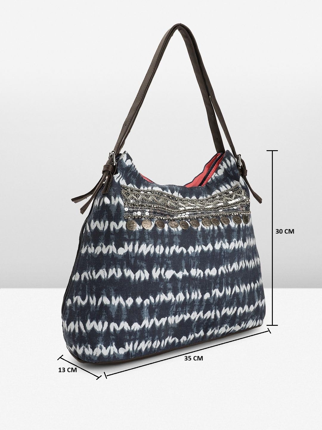 PRIMROSE Printed Hobo Bag with Embellishments Blue and White