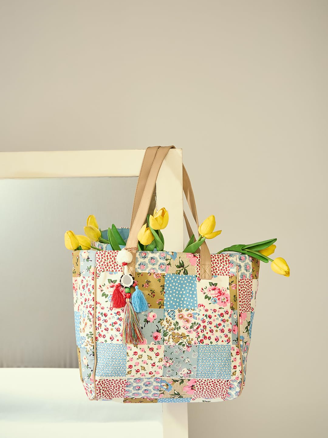 PRIMROSE Floral Print Tote Bag with Tassel Accents, Multicolour