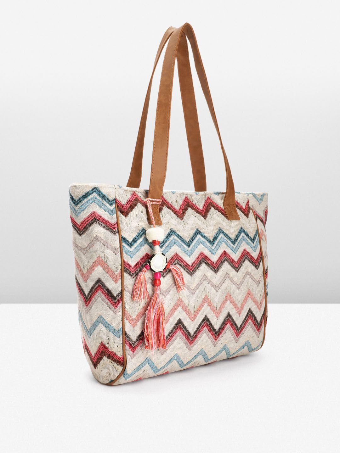 PRIMROSE Chevron Pattern Tote Bag with Tassels, Beige and Multi-Colour