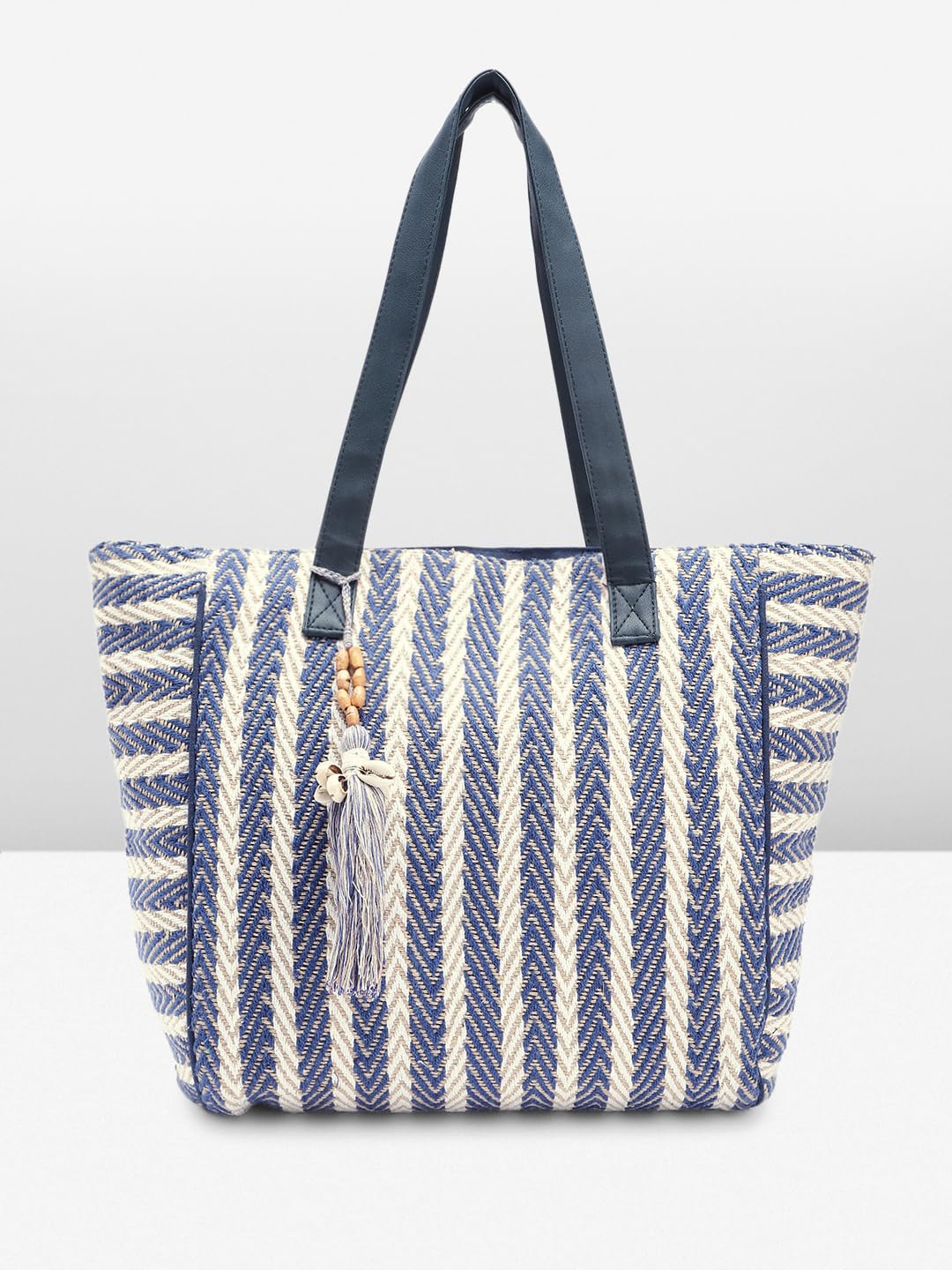 PRIMROSE Woven Tote Bag with Chevron Pattern Navy Blue and Cream Fringed Tassel