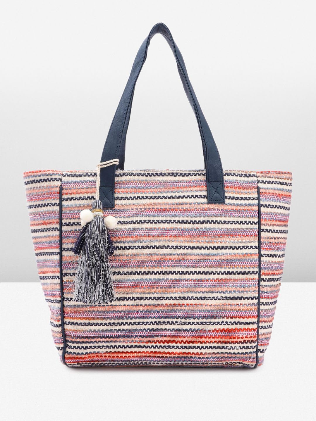 PRIMROSE Multicoloured Striped Canvas Tote Bag with Tassel Detail