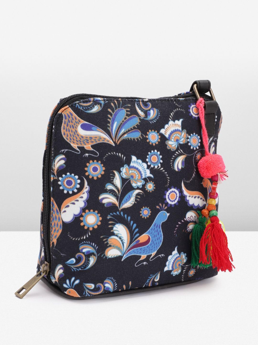 PRIMROSE Black & Blue Ethnic Motifs Print Sling Bag with Tasselled Detail