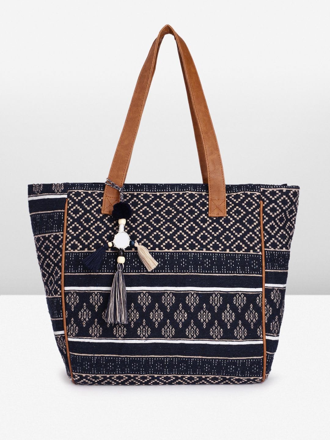 PRIMROSE Ethnic Motifs Textured Shopper Tote Bag with Tasselled Detail