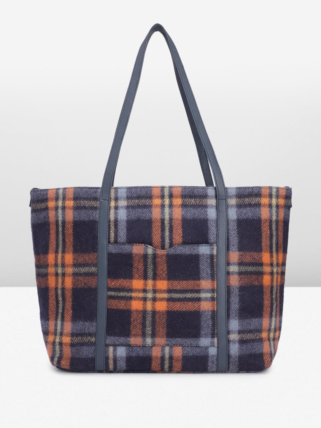 PRIMROSE Plaid Wool Tote Bag for Women Orange and Black