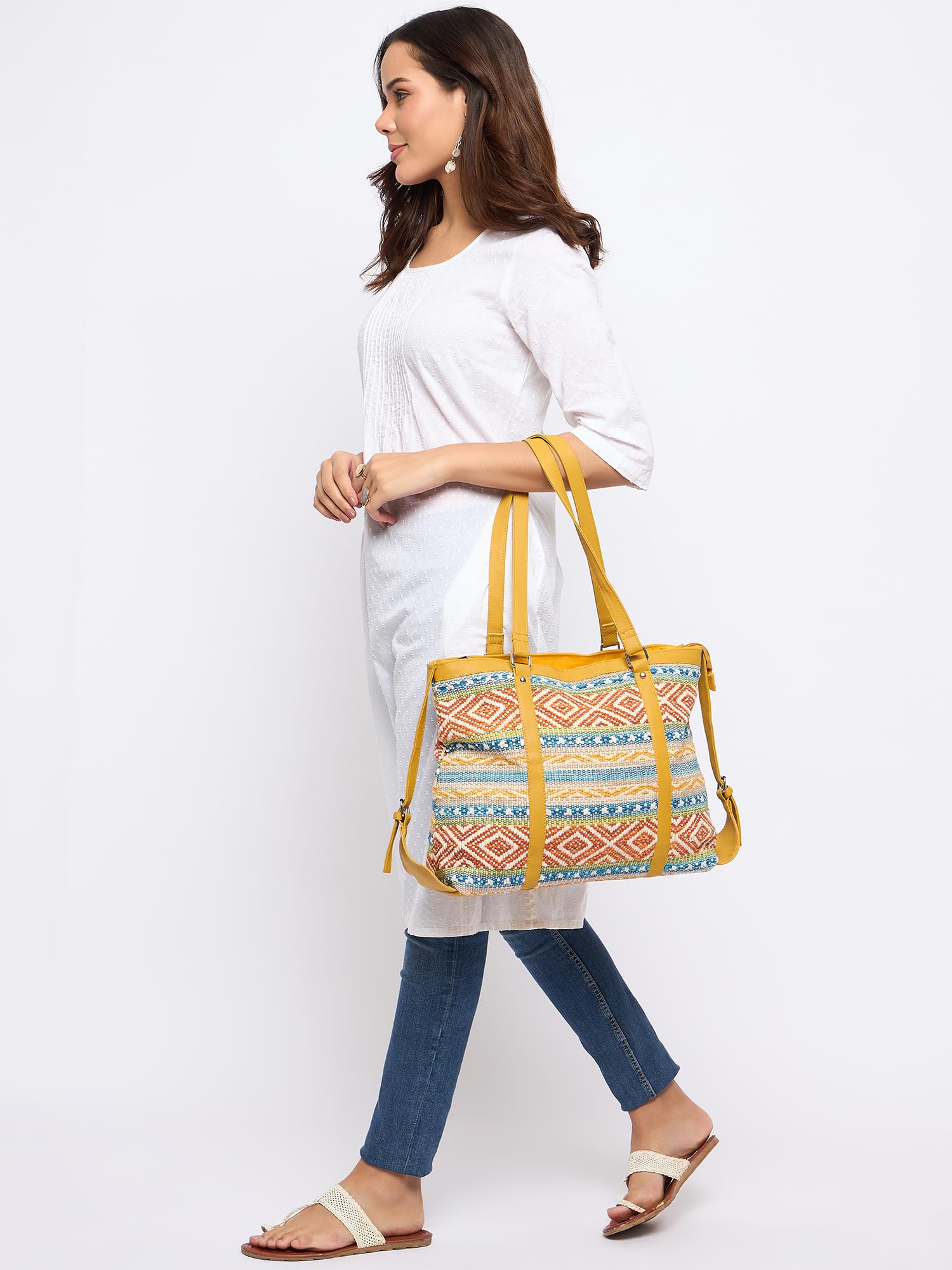 PRIMROSE Woven Multicoloured Shoulder Bag with Geometric Pattern