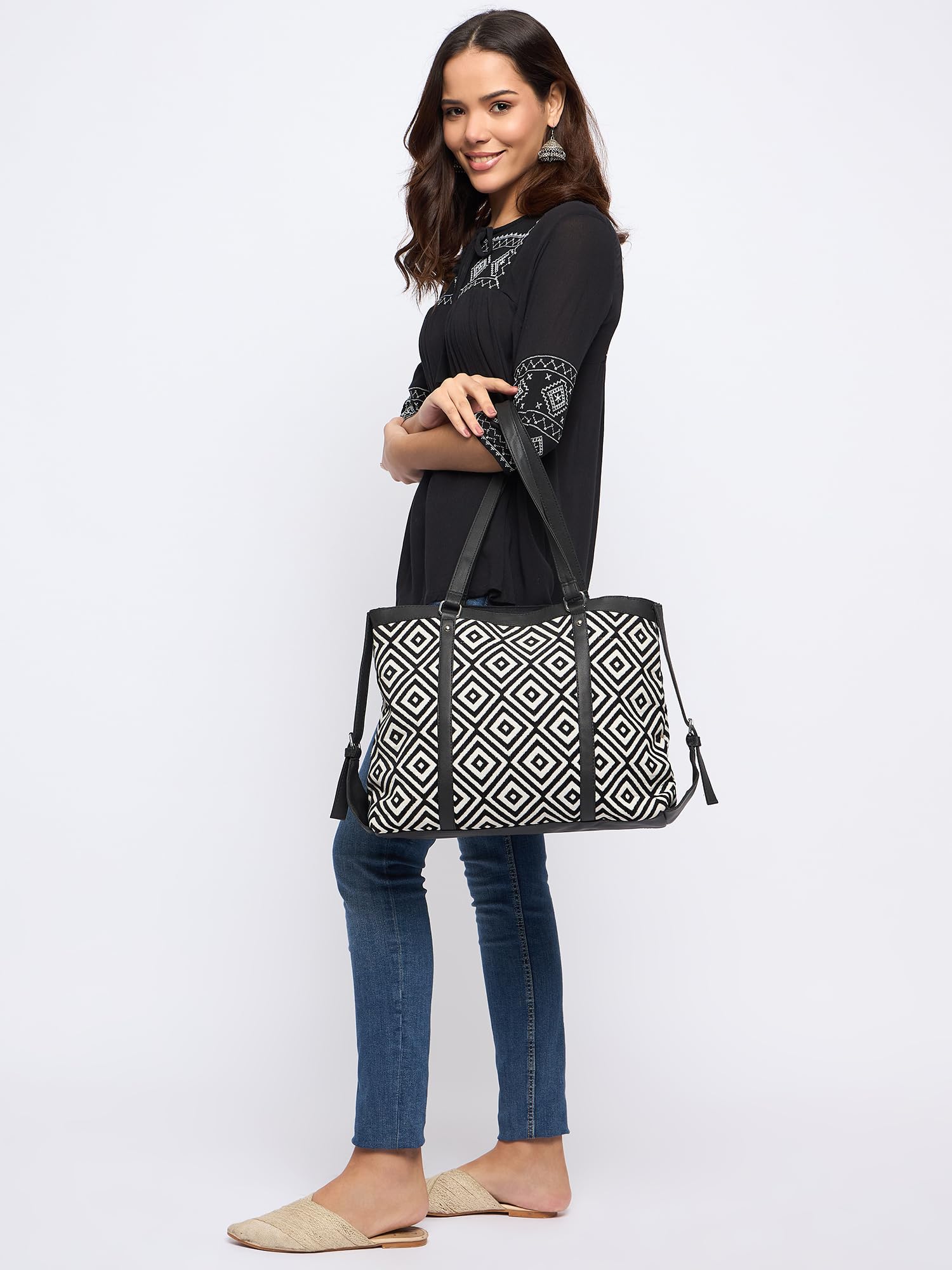 PRIMROSE Geometric Patterned Tote Bag with Dual Handles, Black and White