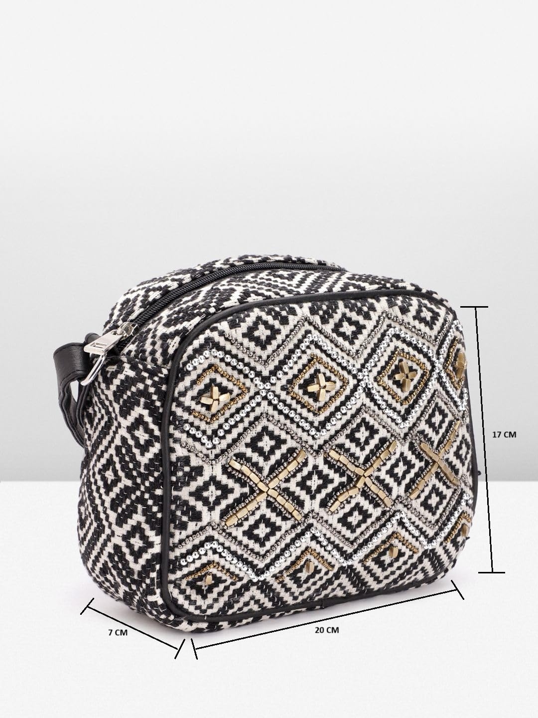 PRIMROSE Women Black & Off-White Woven Design & Embellished Sling Bag