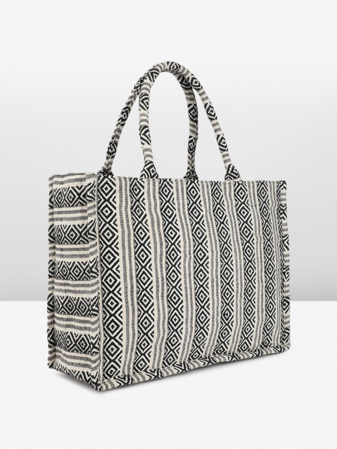 PRIMROSE Geometric Pattern Canvas Tote Bag for Women, Black and White