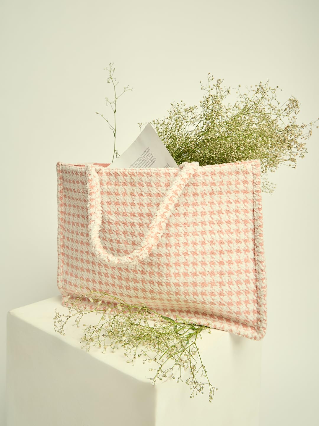 PRIMROSE Cotton Houndstooth Print Tote Bag for Women, Beige and Light Pink