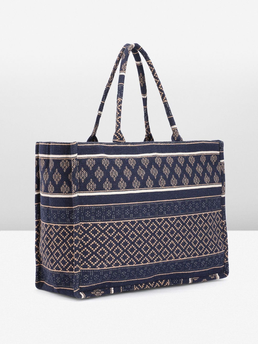 PRIMROSE Ethnic Printed Cotton Tote Bag with Patterned Stripes, Beige and Navy Blue