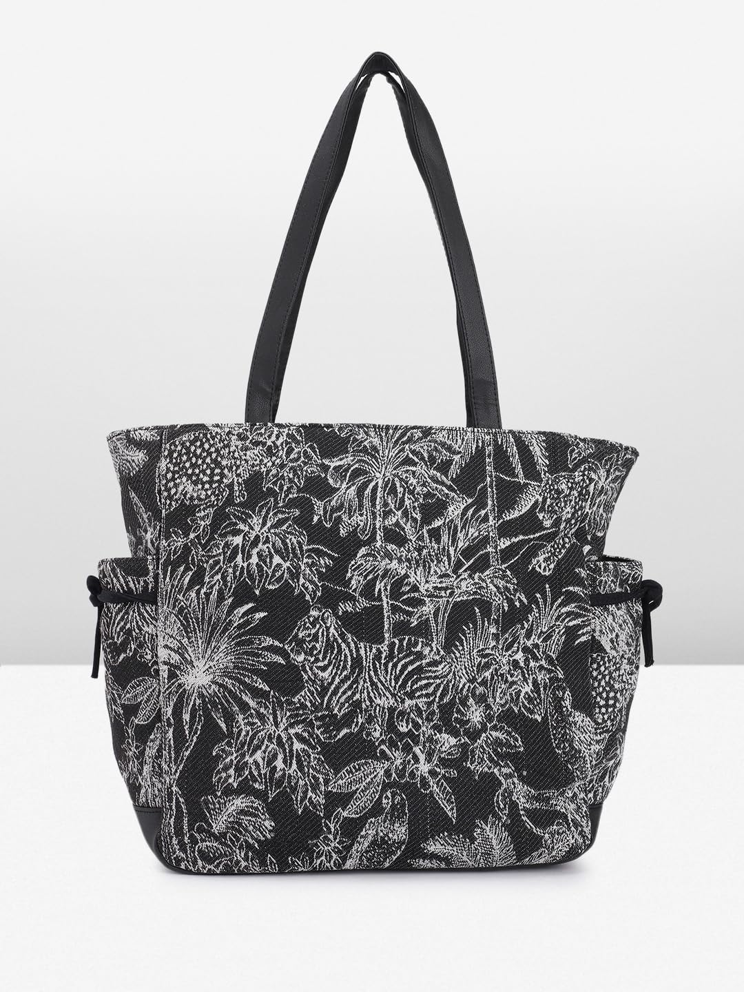 PRIMROSE Black Floral Print Canvas Tote Bag with Inner Pouch