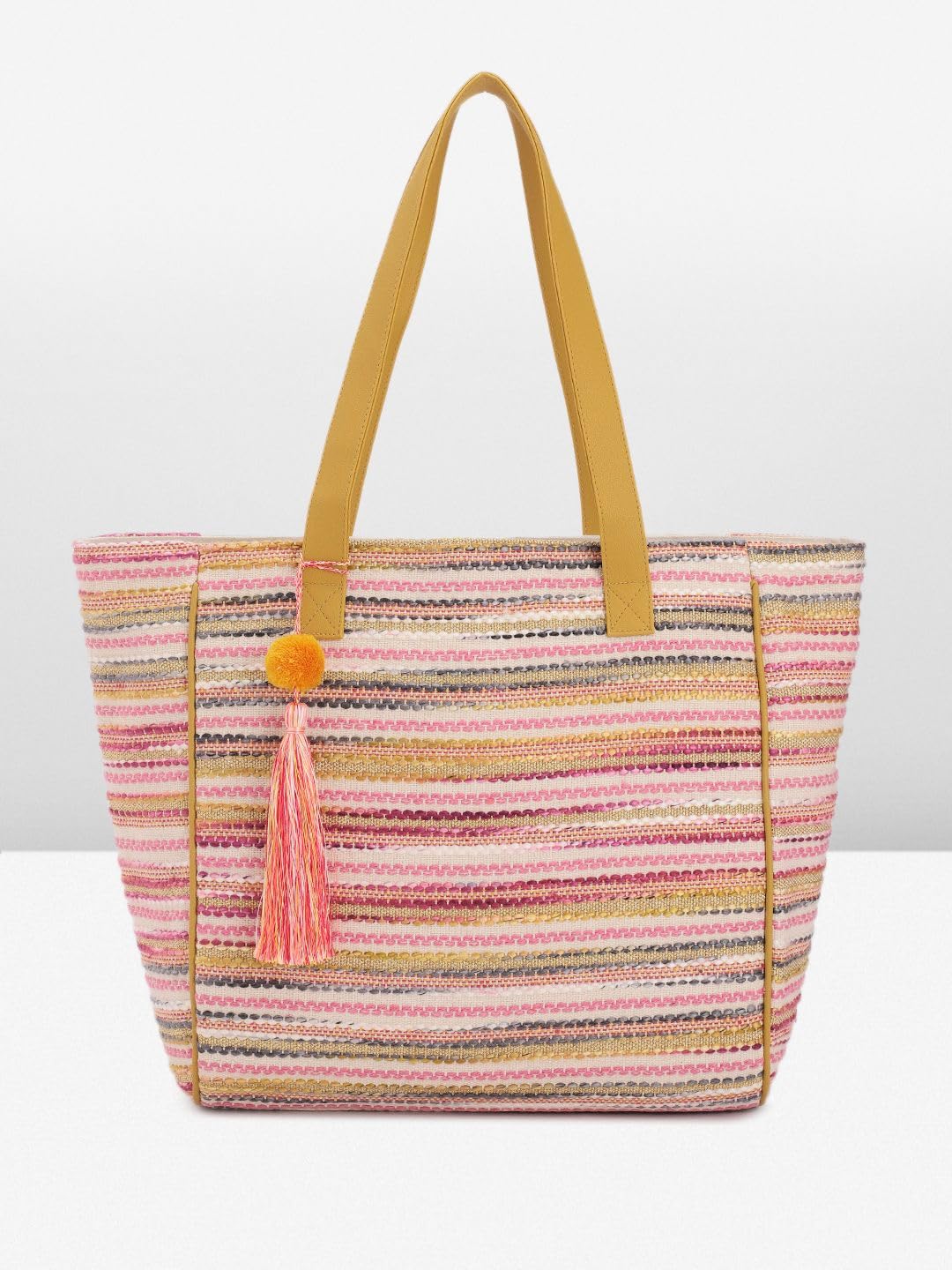 PRIMROSE Multicolour Striped Canvas Tote Bag with Tassel