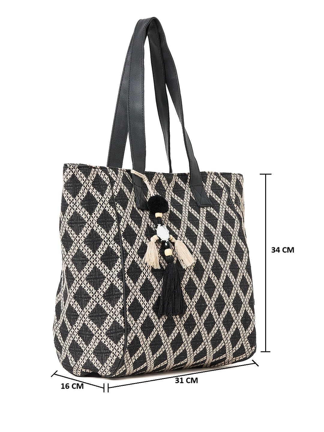 PRIMROSE Woven Tote Bag with Diamond Pattern, Black and Beige, Pvc Handles, Tassel Accent