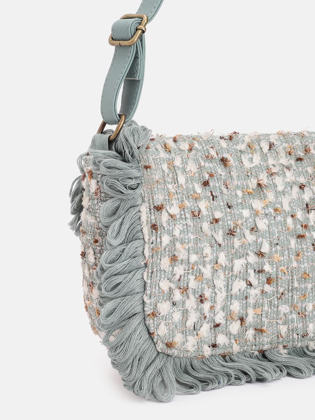 PRIMROSE Stylish Fringed Crossbody Bag with Tweed Pattern Grey