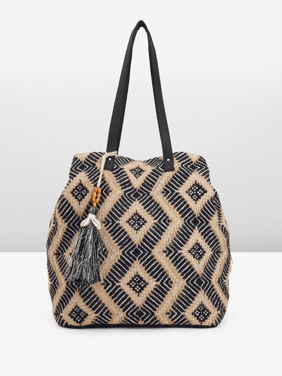 PRIMROSE Ethnic Tote Bag with Diamond Pattern Black and Beige