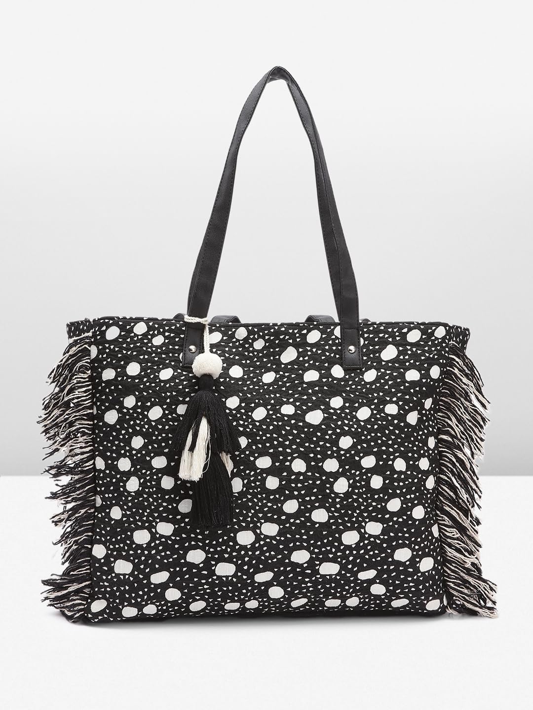 PRIMROSE Fringed Polka Dot Tote Bag Black and White