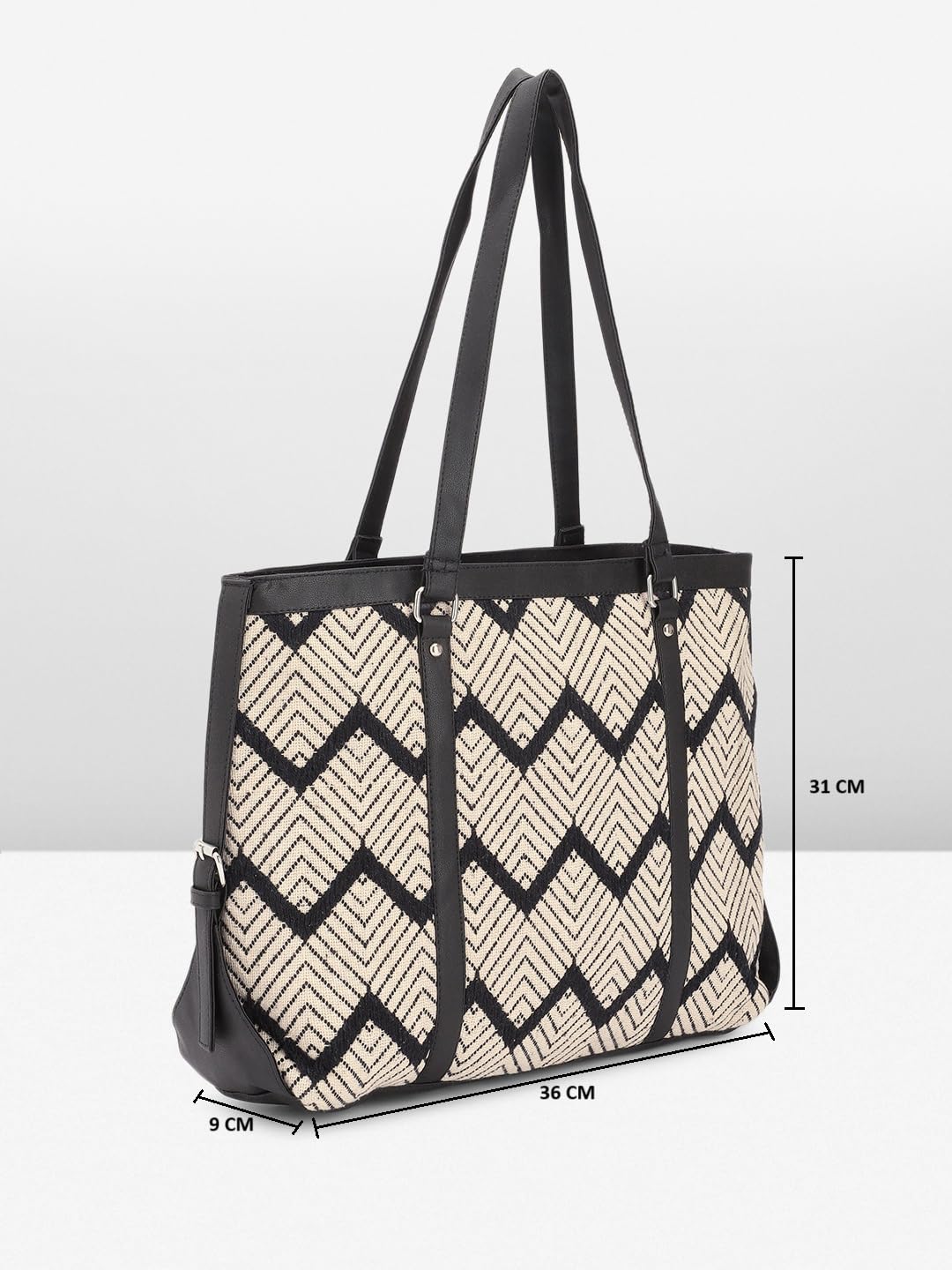 PRIMROSE Geometric Patterned Canvas Tote Bag Black and Beige