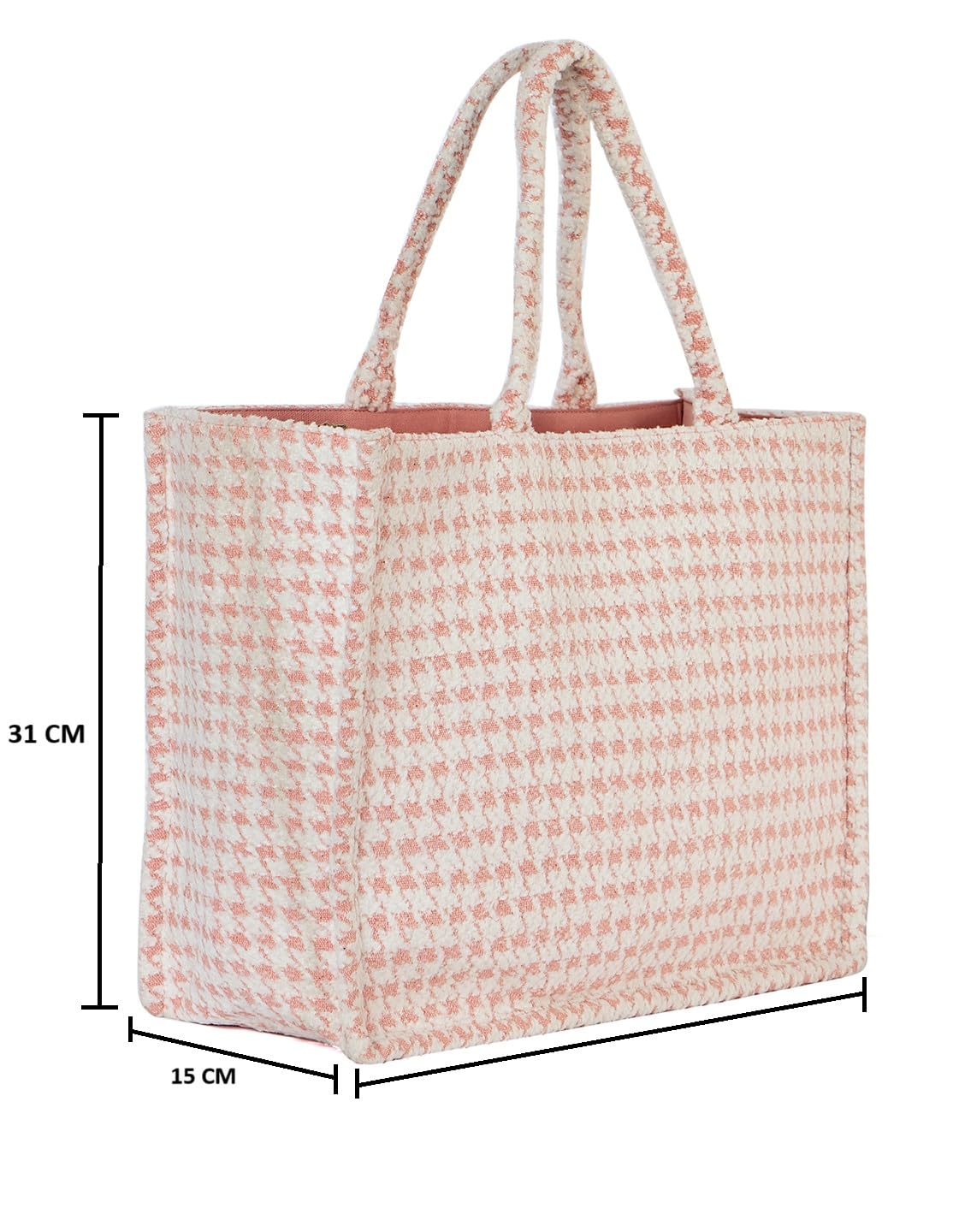 PRIMROSE Cotton Houndstooth Print Tote Bag for Women, Beige and Light Pink