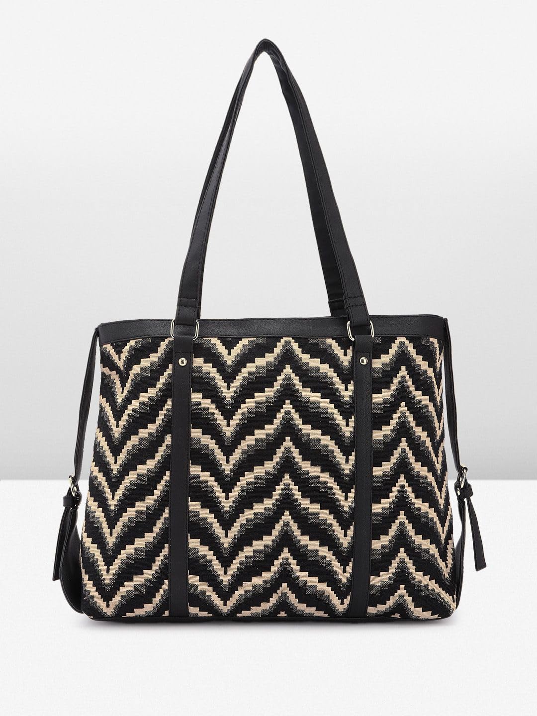 PRIMROSE Black and Beige Zig-Zag Patterned Tote Bag for Women