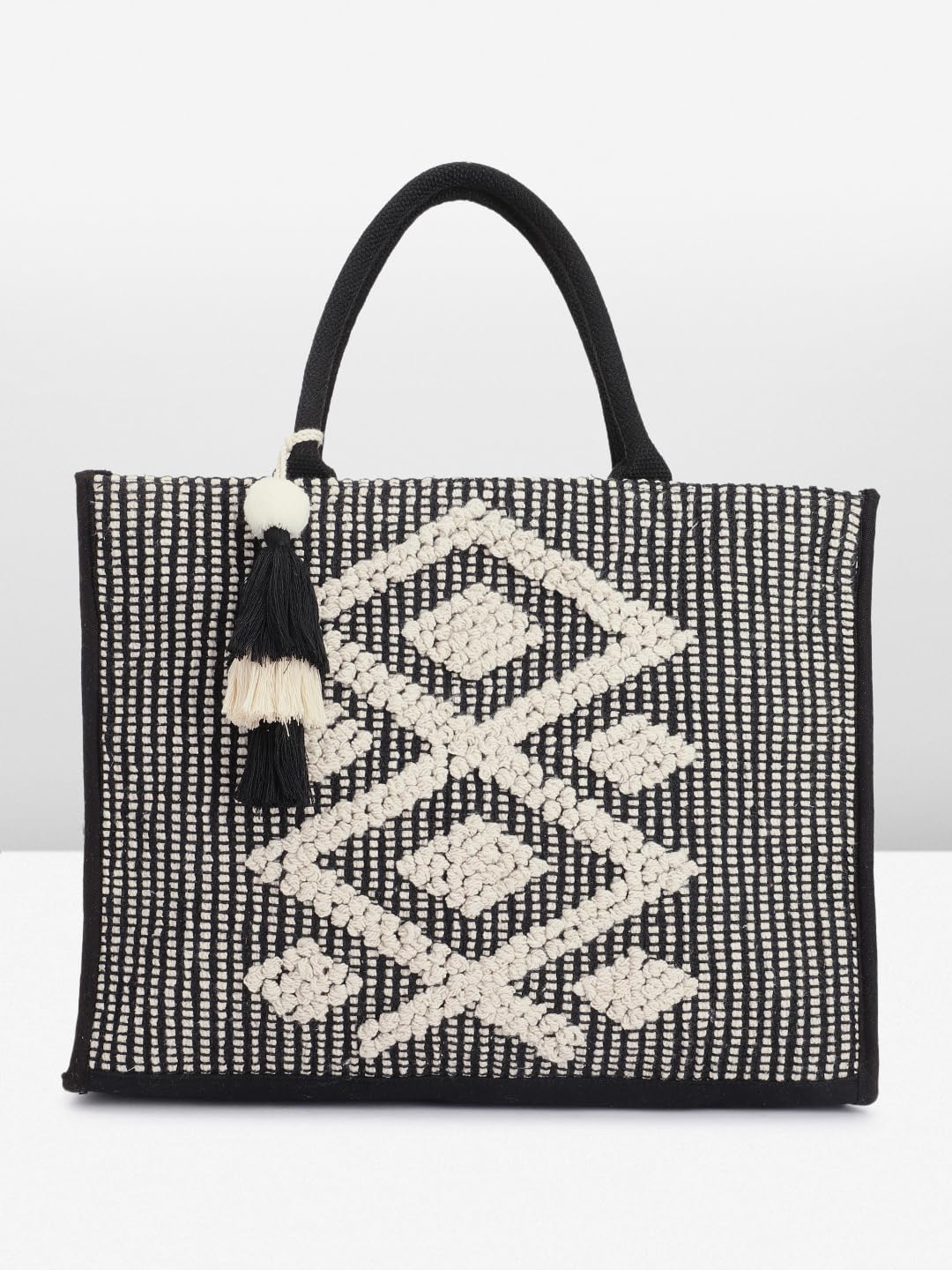 PRIMROSE Handmade Black and White Crochet Tote Bag with Tassels