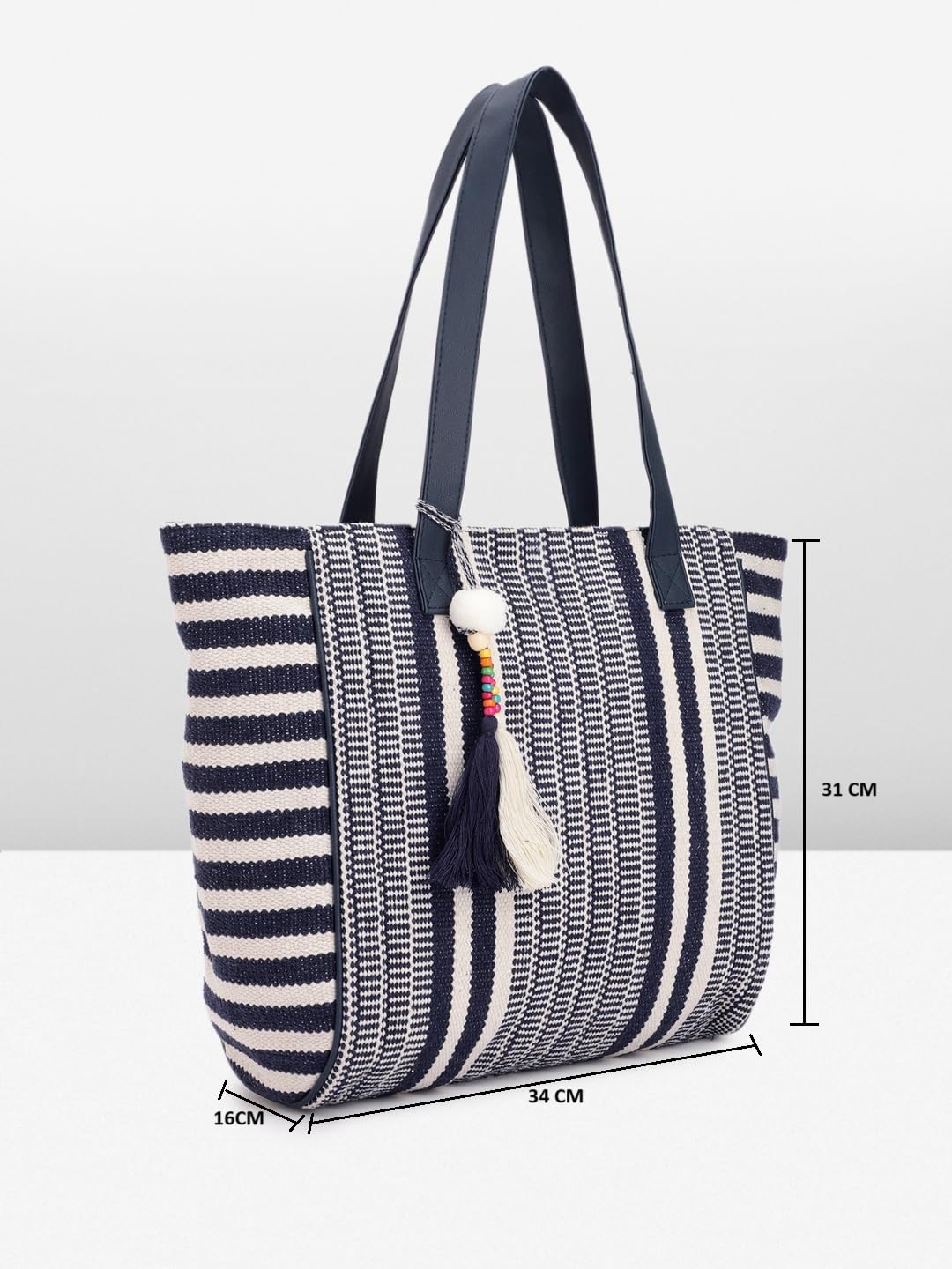 PRIMROSE Women's Striped Woven Tote Bag with Tassels Navy Blue and White