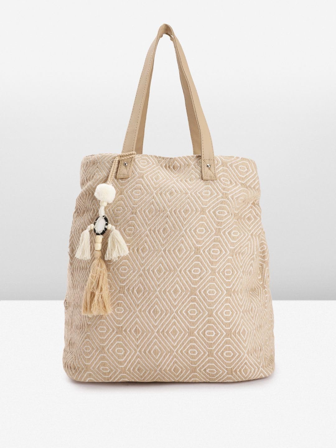 PRIMROSE Beige Geometric Pattern Tote Bag with Tassel Charm