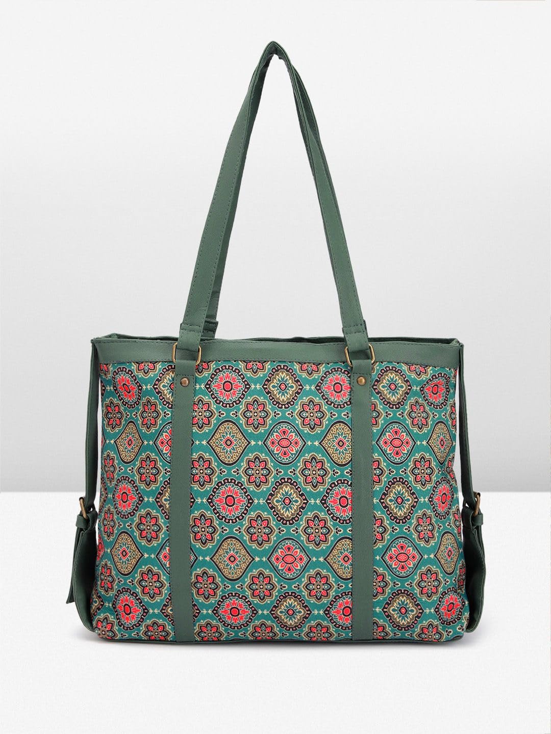 PRIMROSE Sea Green Ethnic Motifs Printed Oversized Shopper Shoulder Bag