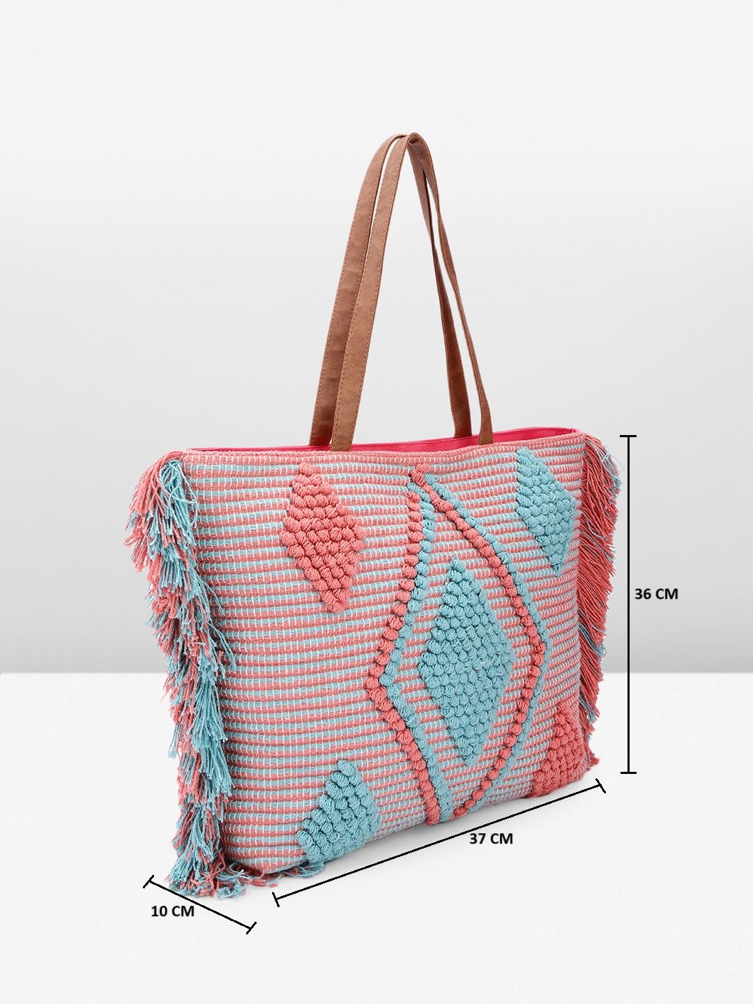 PRIMROSE Handcrafted Woven Tote Bag with Fringe Detailing Pink and Blue