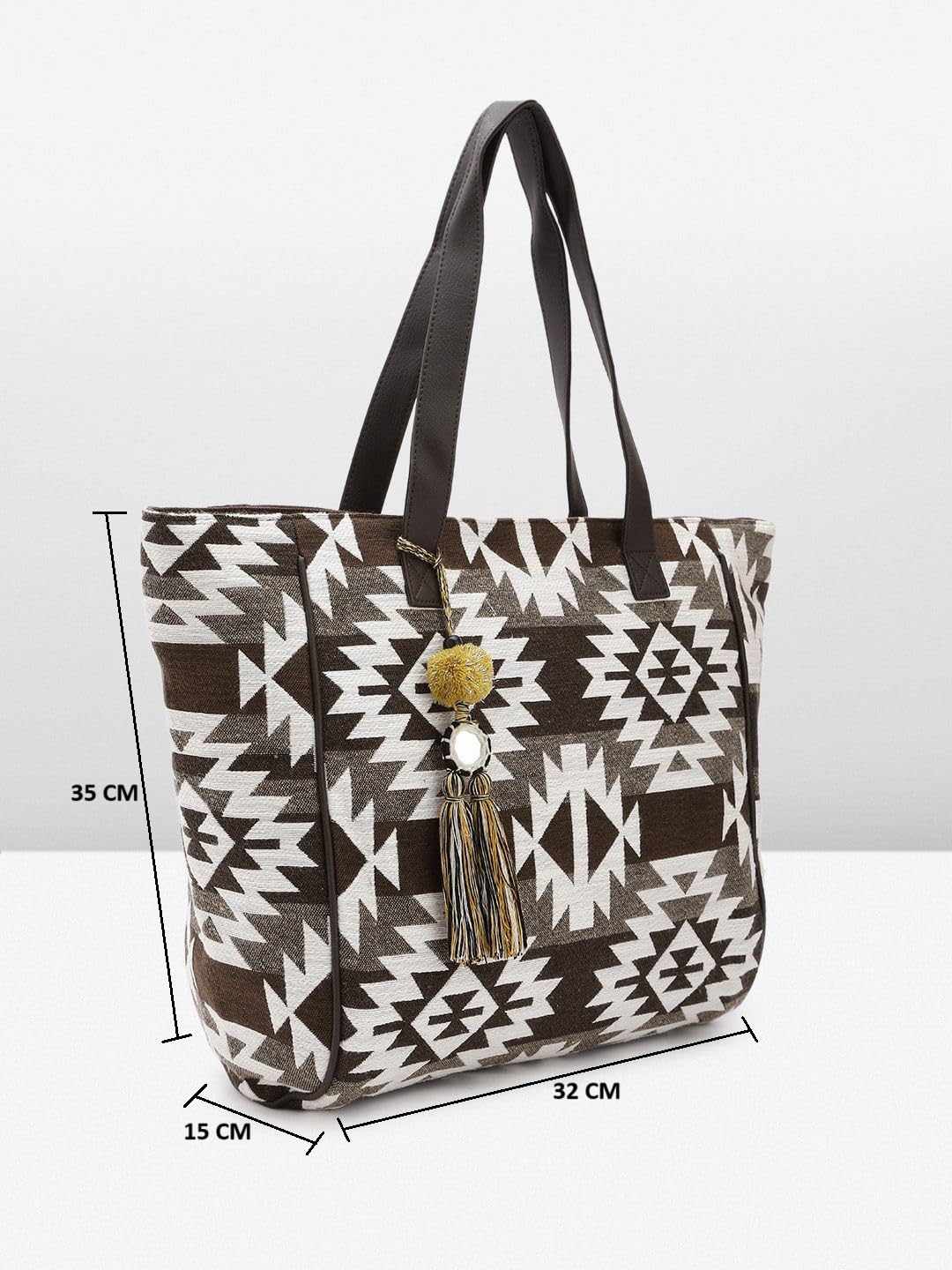 PRIMROSE Ethnic Kilim Tote Bag, Brown and White Geometric Print, Tassel Accent