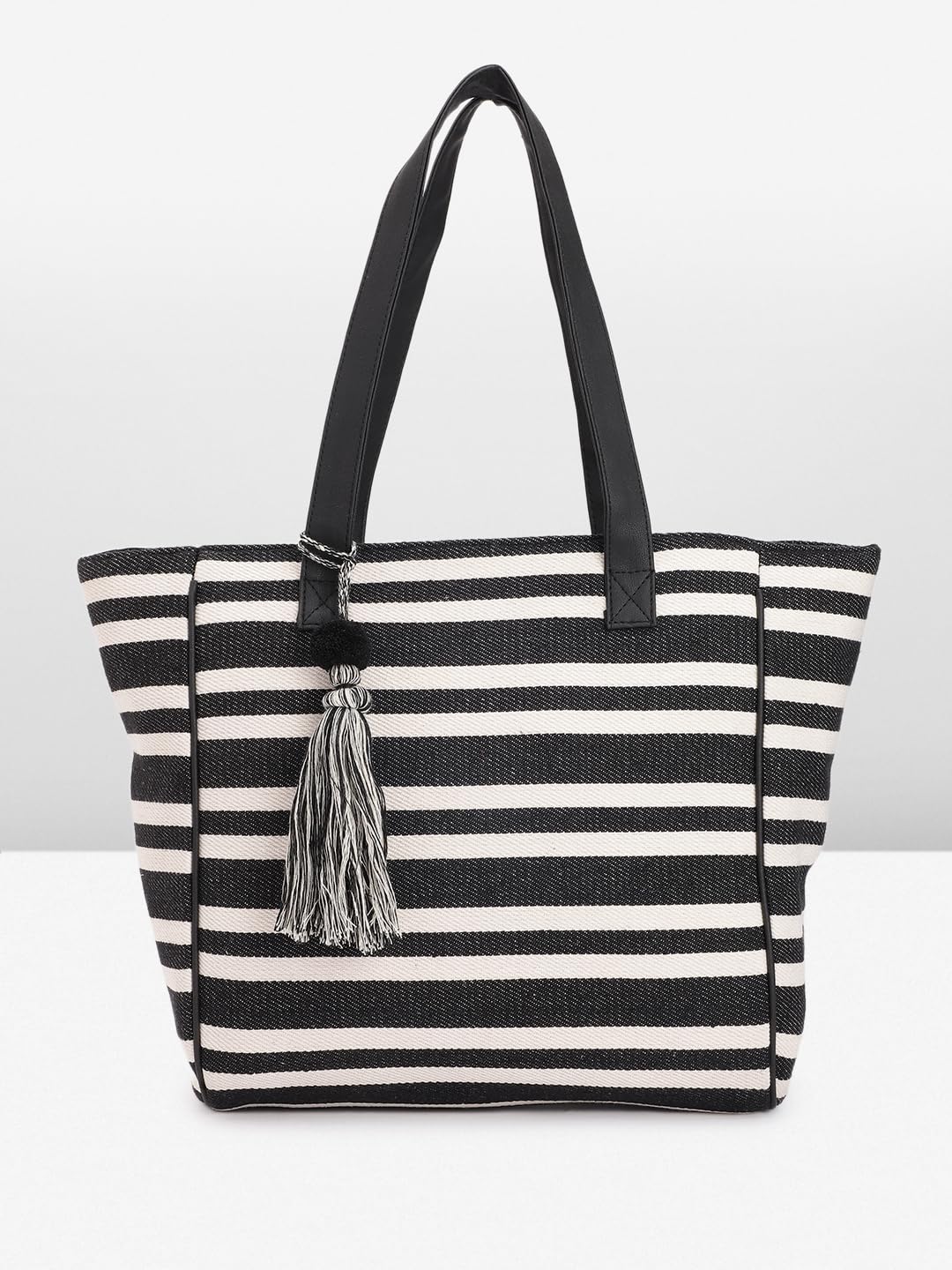 PRIMROSE Striped Canvas Tote Bag with Tassel Black and White