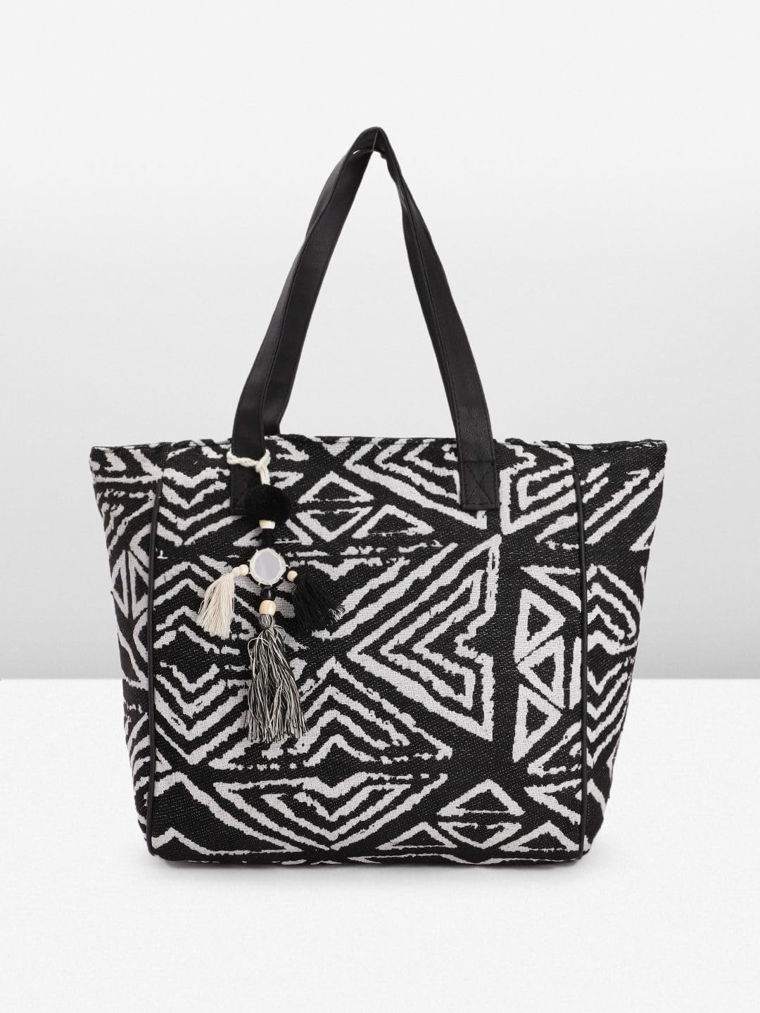 PRIMROSE Black and White Geometric Patterned Tote Bag with Tassels