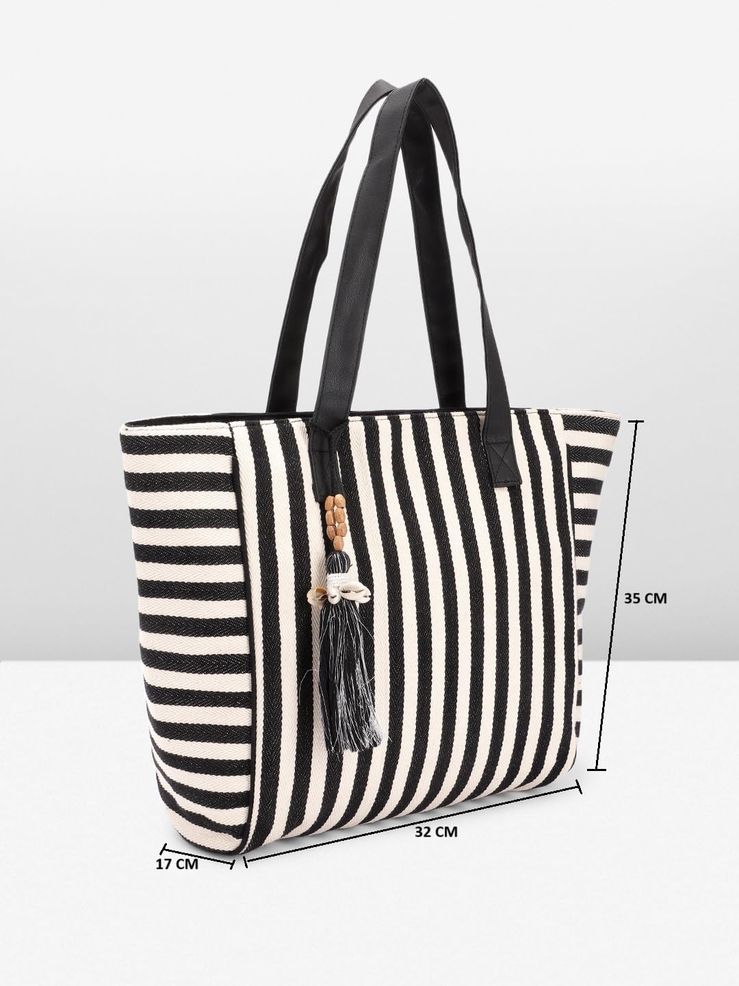 PRIMROSE Women's Black and White Striped Tote Bag with Tassel Accents