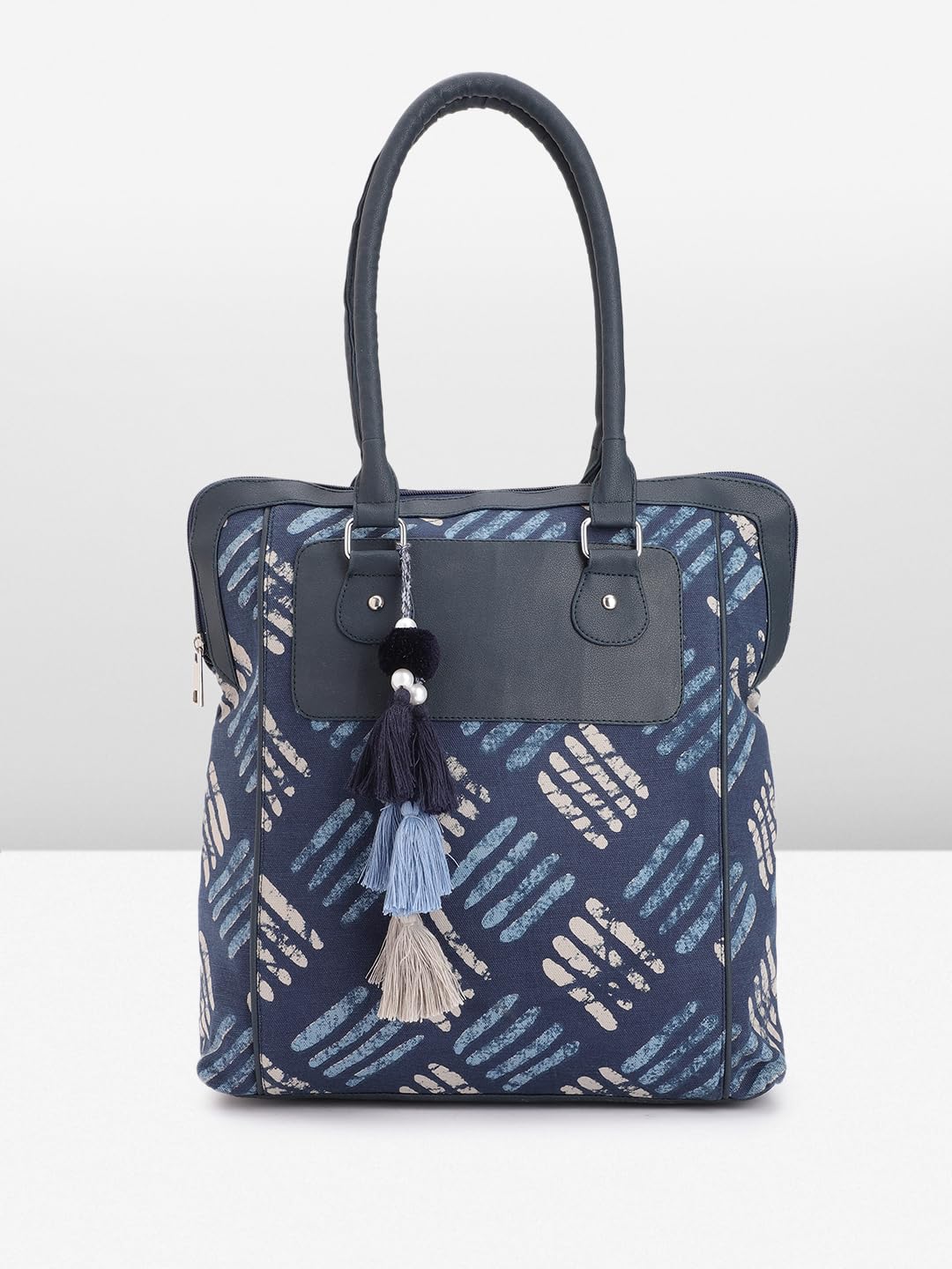 PRIMROSE Women's Navy Blue Tote Bag with Printed Pattern Tassels