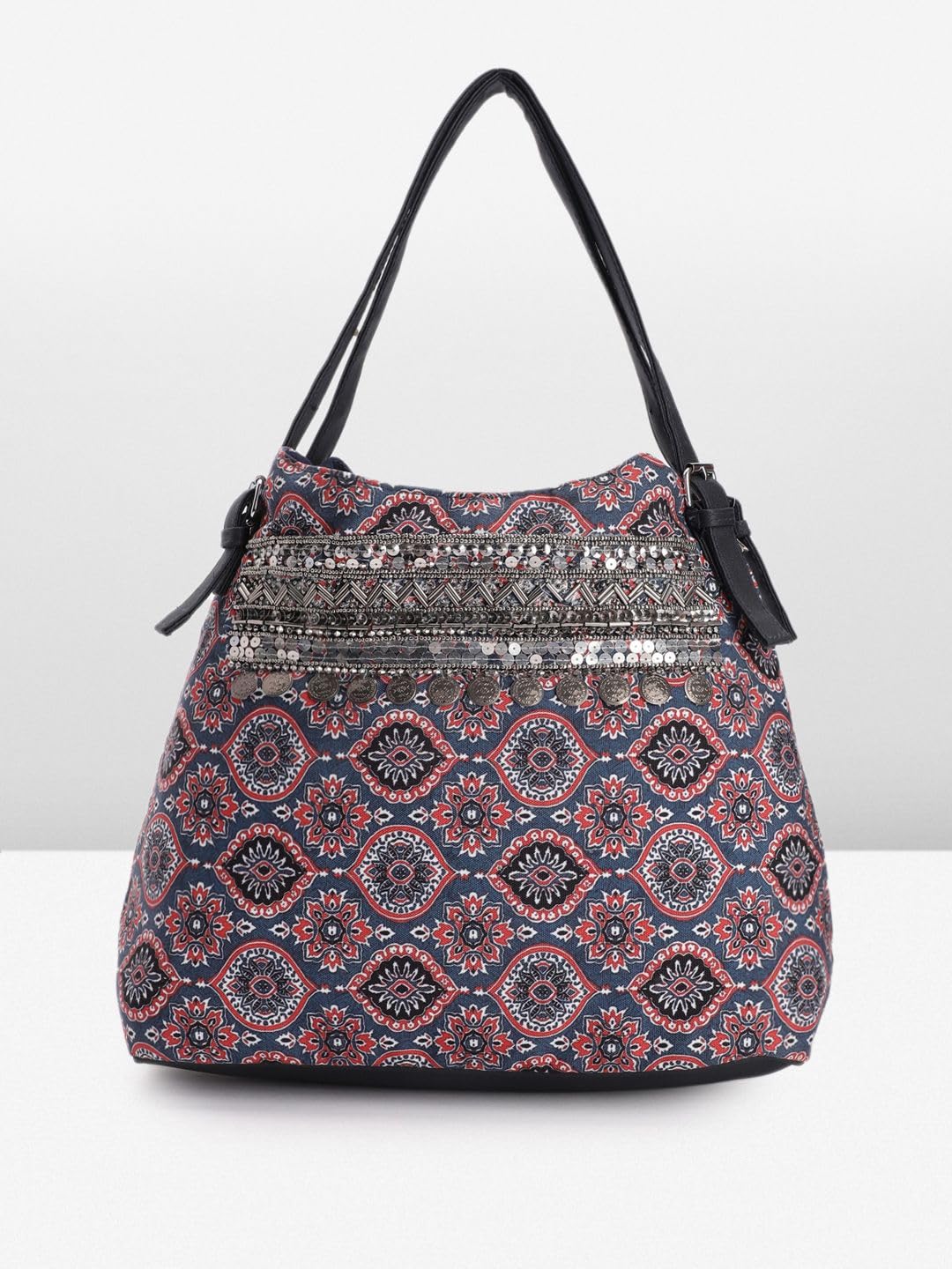 PRIMROSE Embellished & Ethnic Motifs Print Oversized Structured Shoulder Bag with Zip Detail