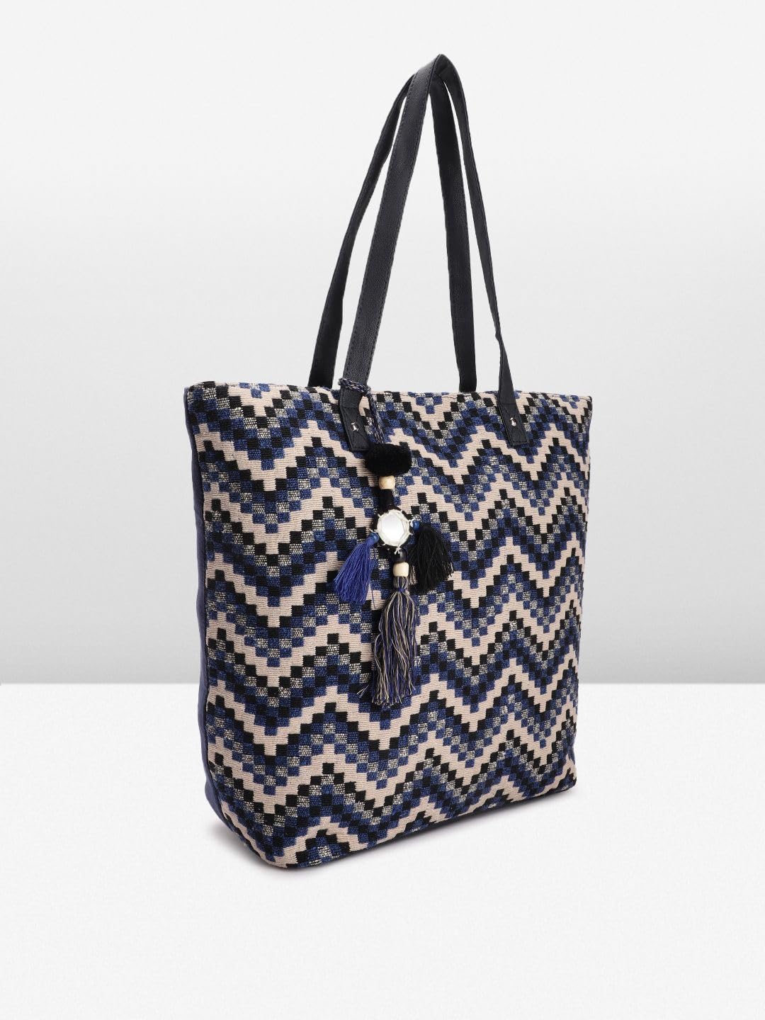 PRIMROSE Geometric Patterned Tote Bag for Women, Blue and White