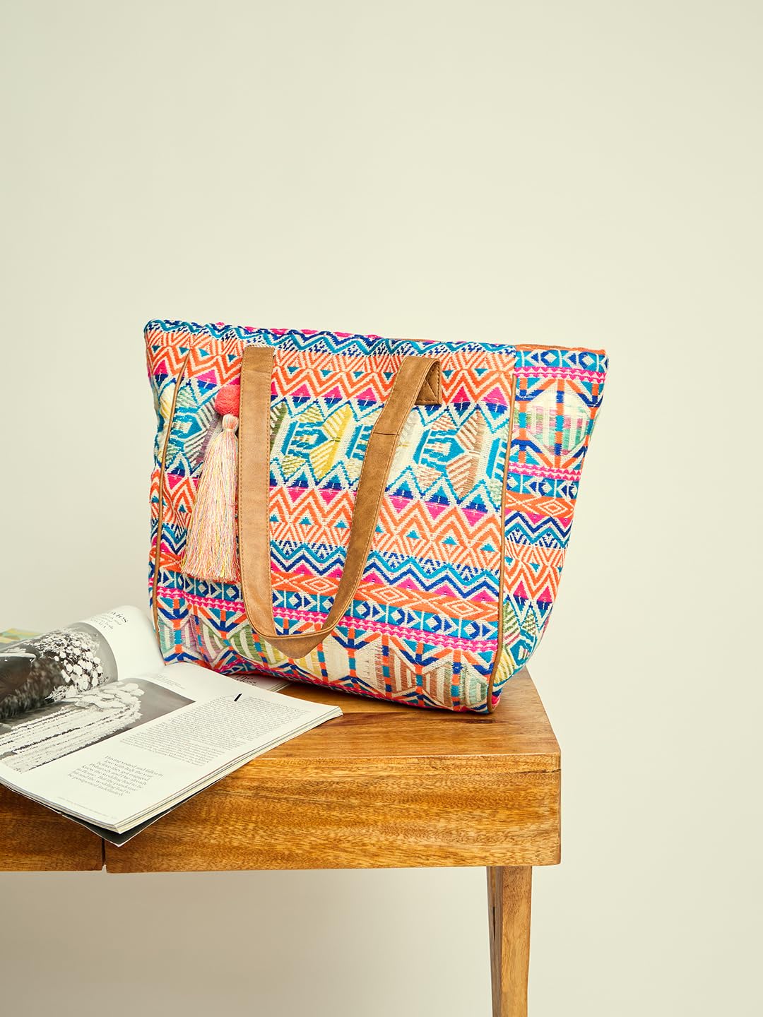 PRIMROSE Multicoloured Aztec Print Tote Bag with Tassel