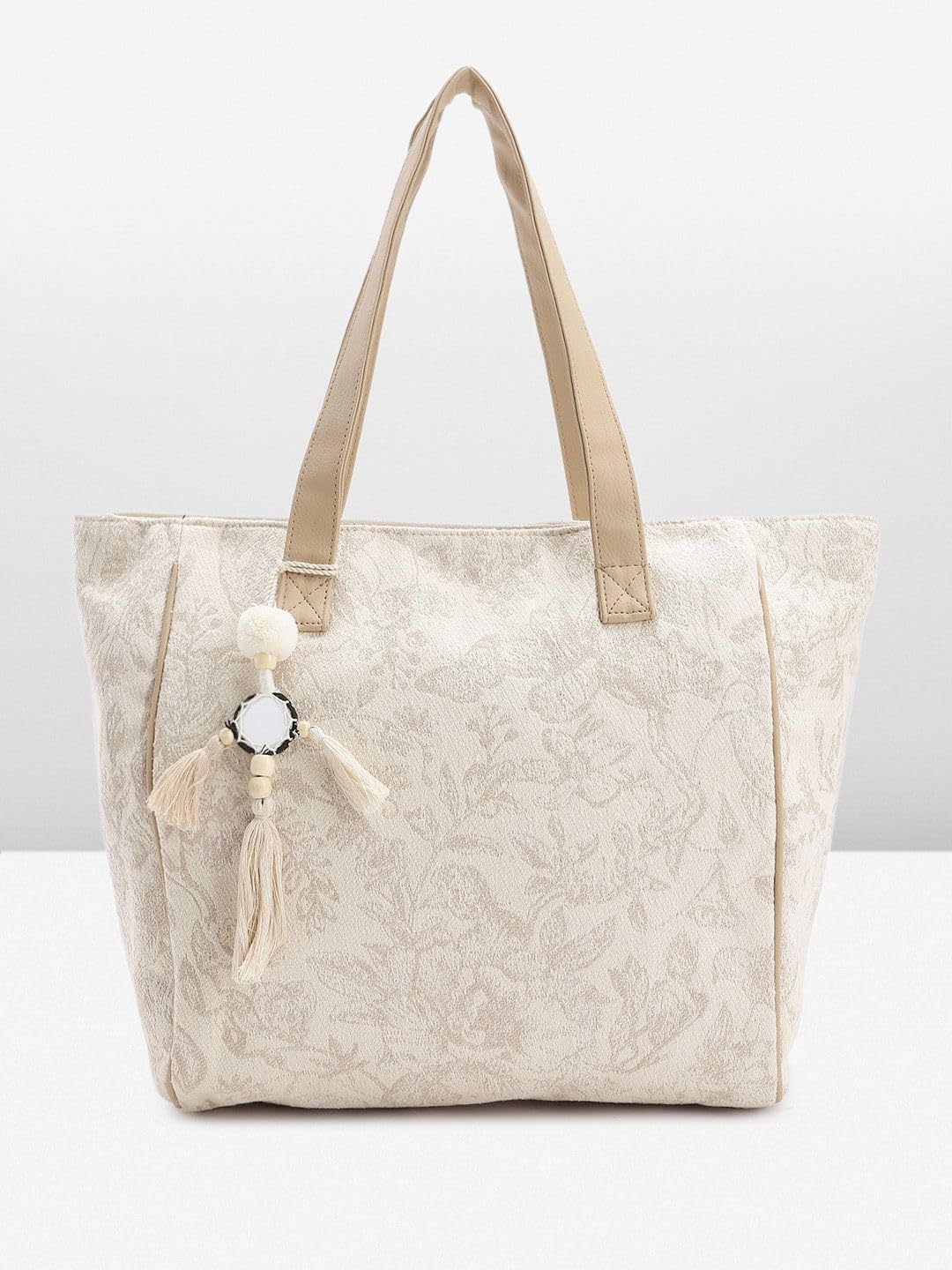 PRIMROSE Beige Tote Bag with Tassel Accent