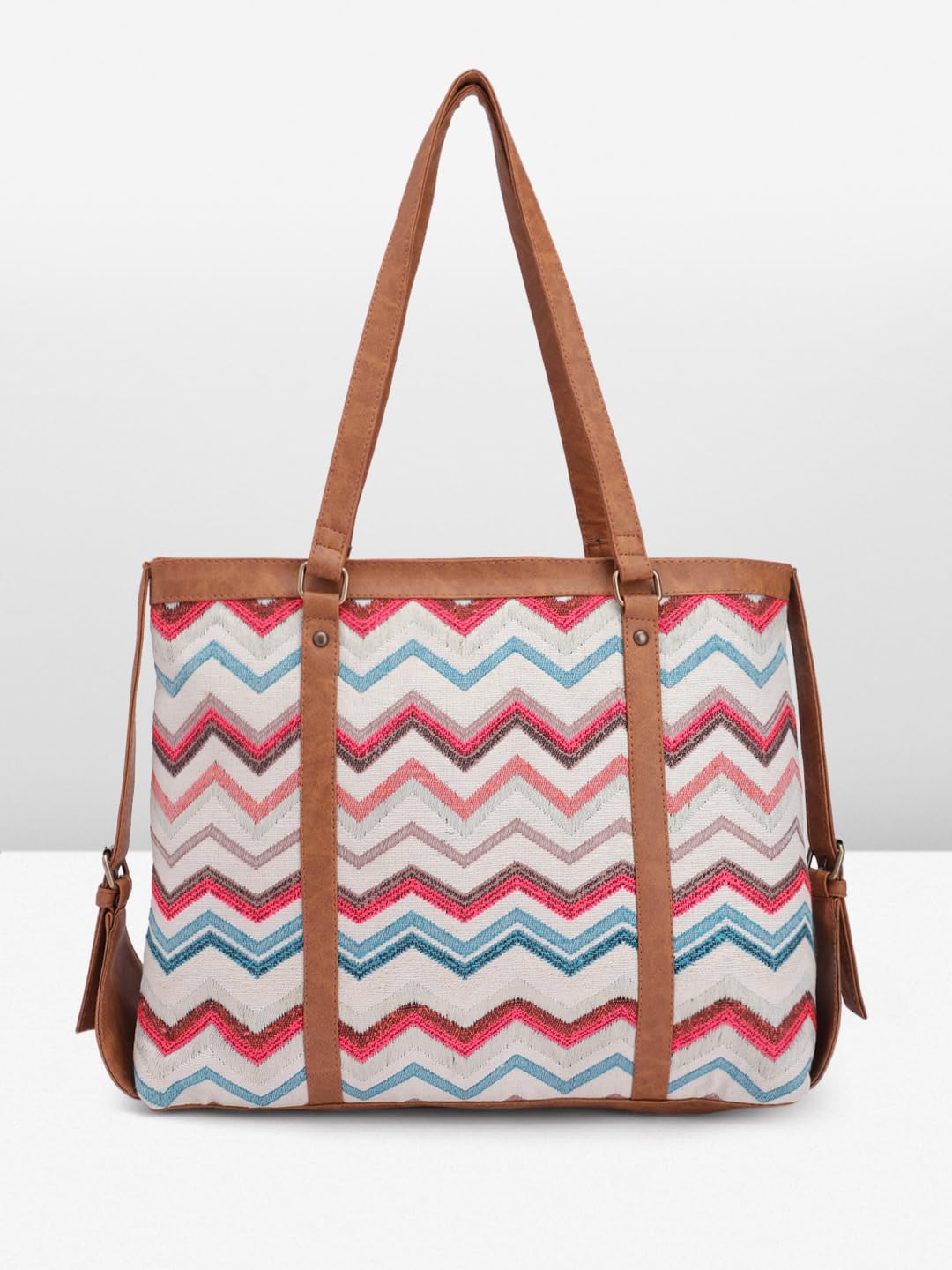 PRIMROSE Women's Chevron Pattern Canvas Tote Bag with PU Handles Multi-Colour