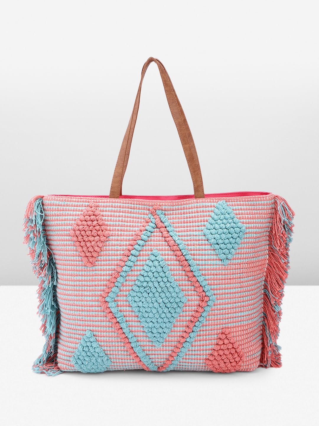 PRIMROSE Handcrafted Woven Tote Bag with Fringe Detailing Pink and Blue