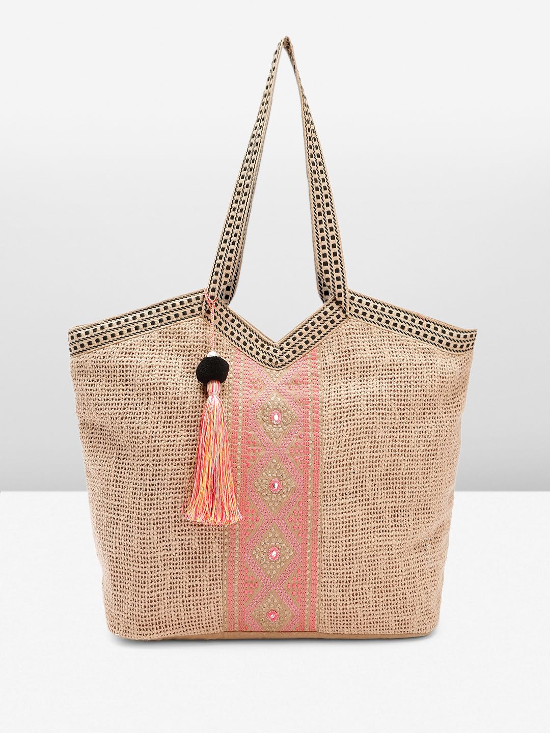 PRIMROSE Handcrafted Woven Tote Bag with Tassel Accent Beige and Pink