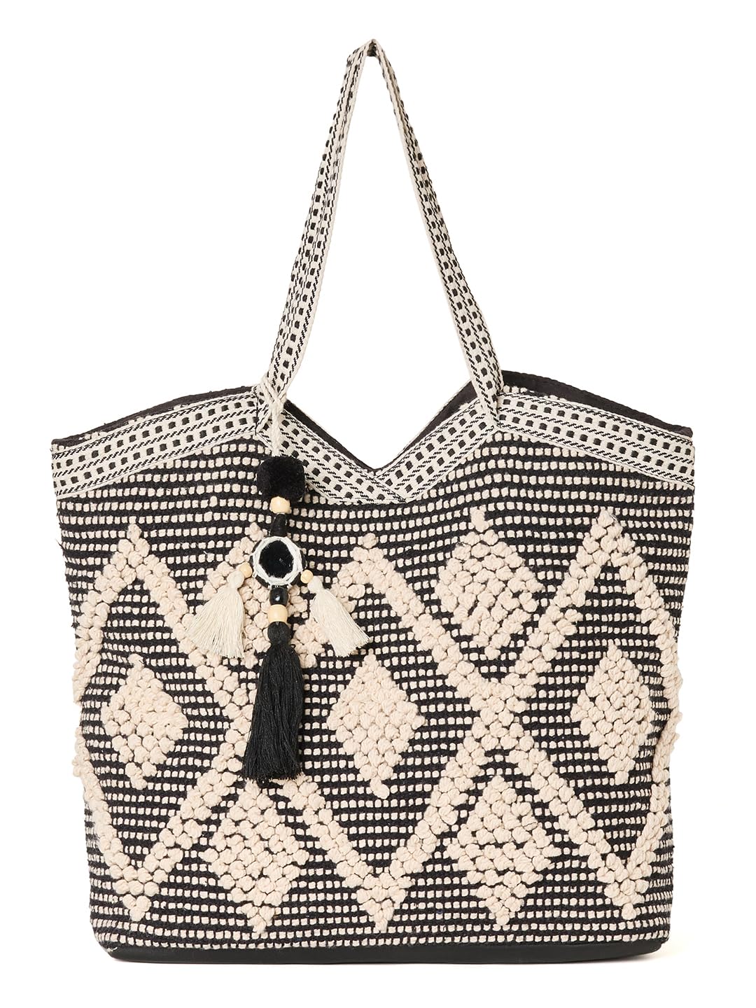 PRIMROSE Woven Crochet Tote Bag with Tassel and Bead Accents, Black and Beige