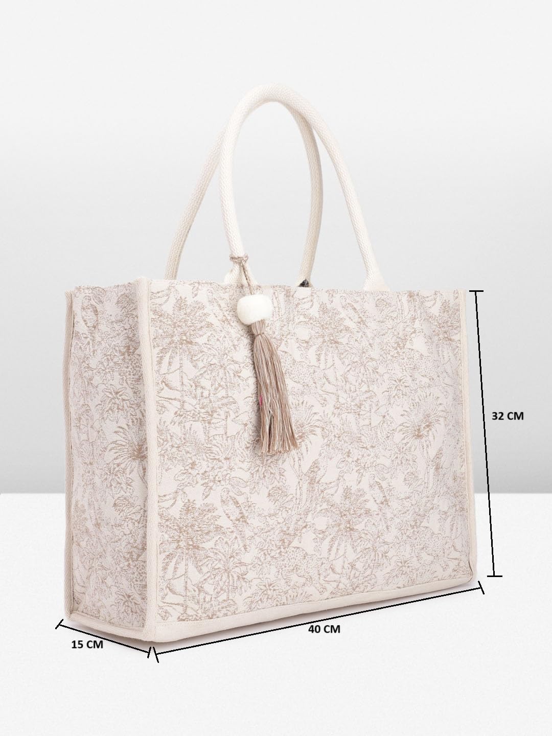 PRIMROSE Women's Beige Floral Embroidered Tote Bag with Tassel