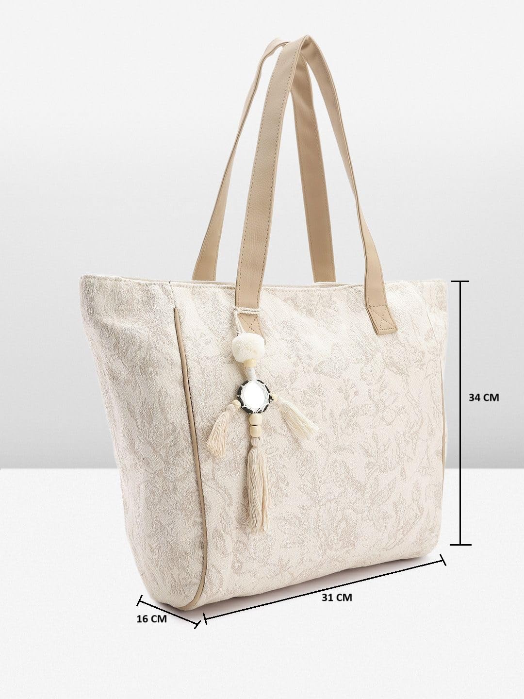 PRIMROSE Beige Tote Bag with Tassel Accent