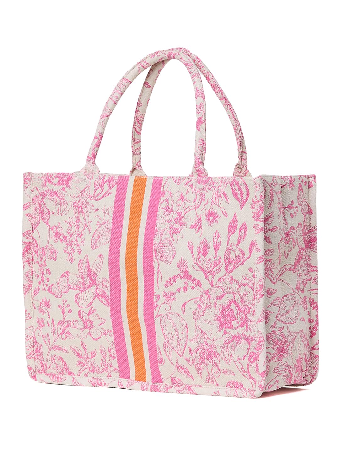 PRIMROSE Women's Floral Print Tote Bag with Pink and Orange Stripes, Cotton