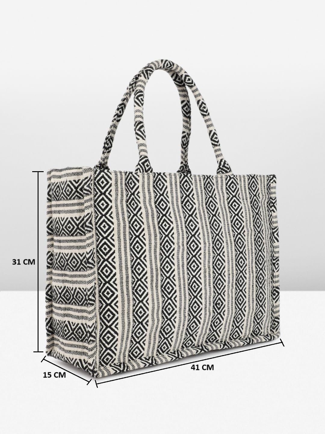 PRIMROSE Geometric Pattern Canvas Tote Bag for Women, Black and White